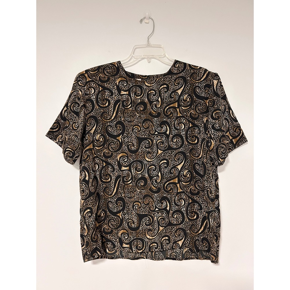 Modern Essentials Womens Black Gold Scroll Paisley Blouse Short Sleeve Medium